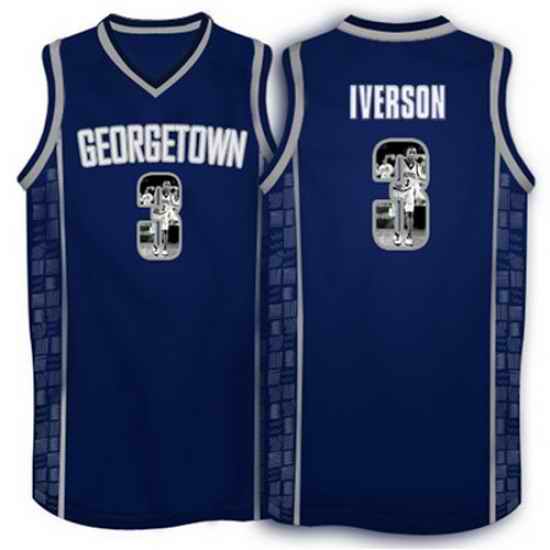 Georgetown Hoyas 3 Allen Iverson Navy 1996 Throwback With Portrait Print College Basketball Jersey